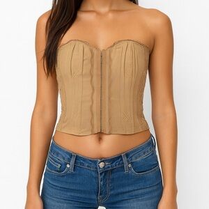 Vintage Y2K Marianne Tan Strapless Corset Top Smocked Lace Trim Large (Junior)